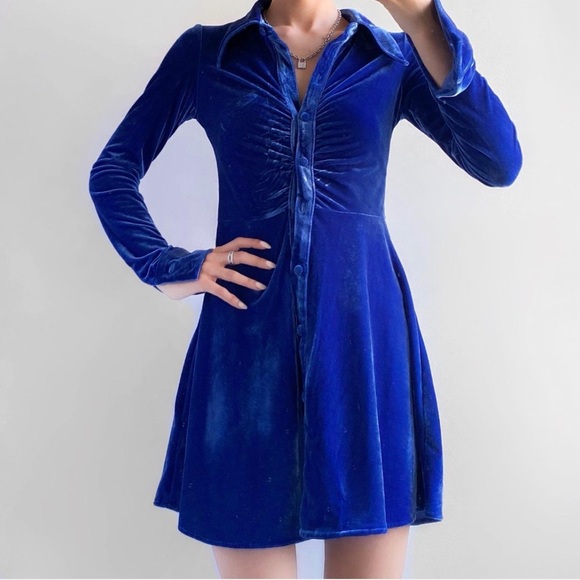 Urban Outfitters Dresses & Skirts - Urban Outfitters Blue Velvet Button Down Shirt Dress Y2K Long Sleeve Small EUC